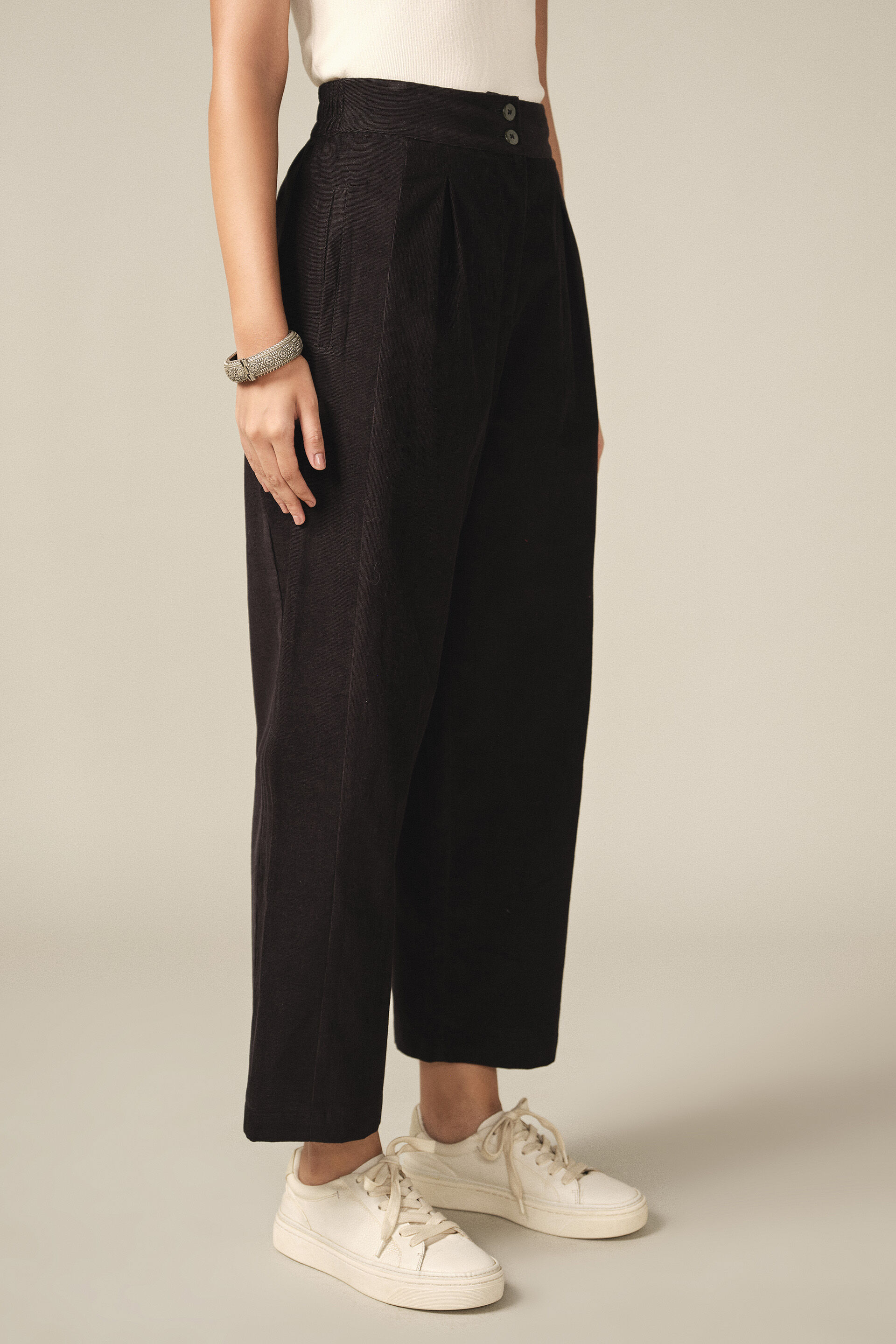 Pleated Corduroy Pants in Black, Black, image 2